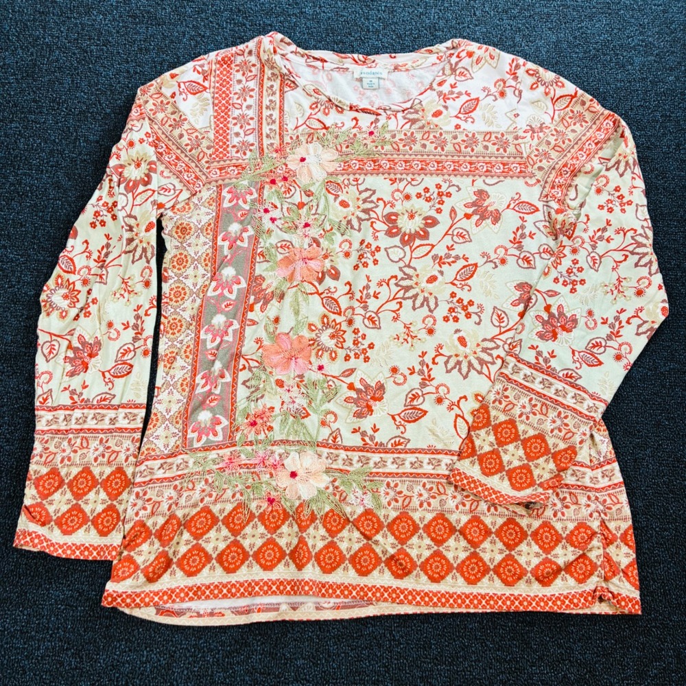 Sundance Catalog Embroidered Floral Boho Long Sleeve Shirt Women's Medium